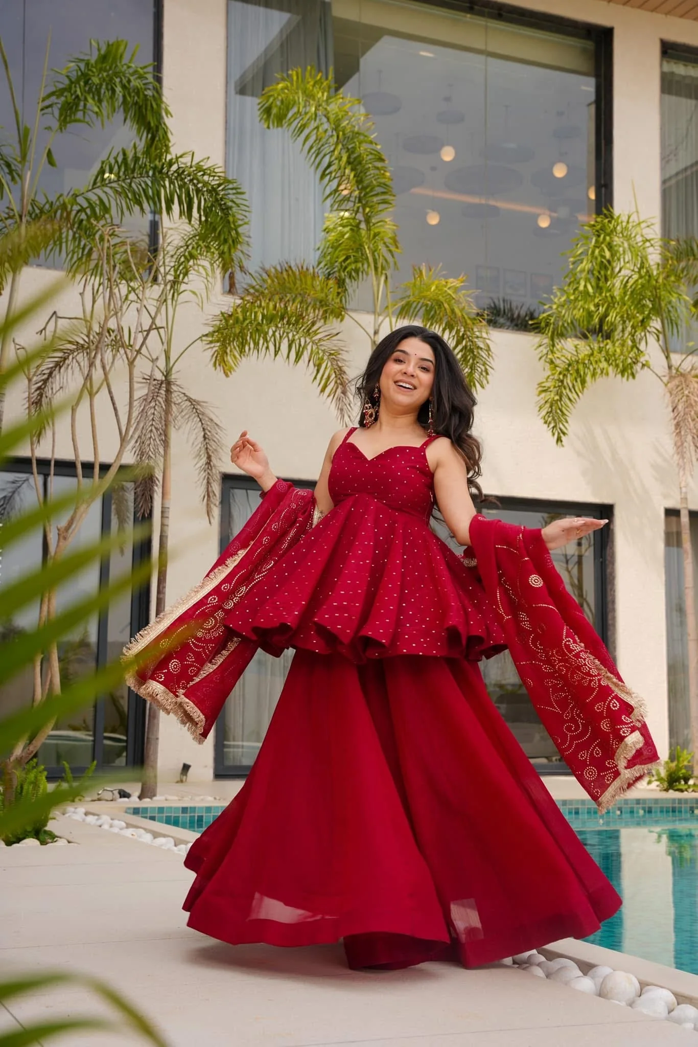 Amazing Organza Mukesh Work Red Color Palazzo Suit - Image 4