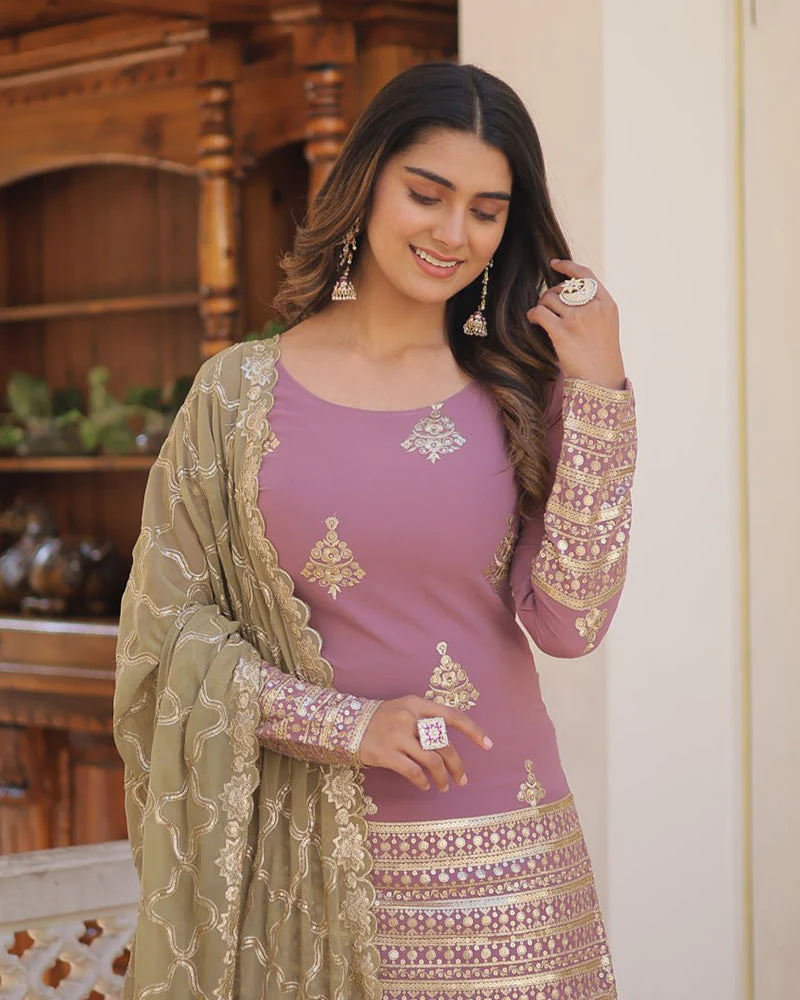 Beautiful Onion Color Georgette Three Piece Plazzo Suit - Image 10