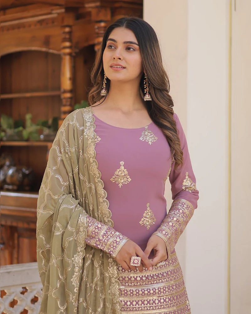 Beautiful Onion Color Georgette Three Piece Plazzo Suit - Image 11