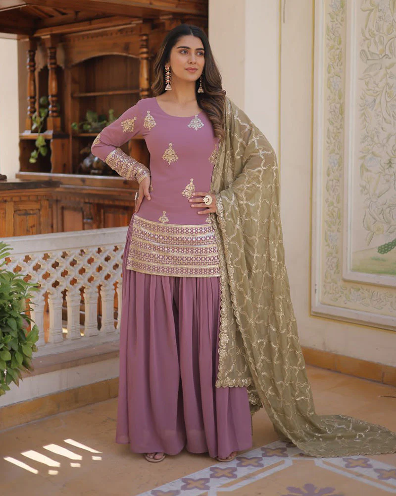 Beautiful Onion Color Georgette Three Piece Plazzo Suit - Image 3