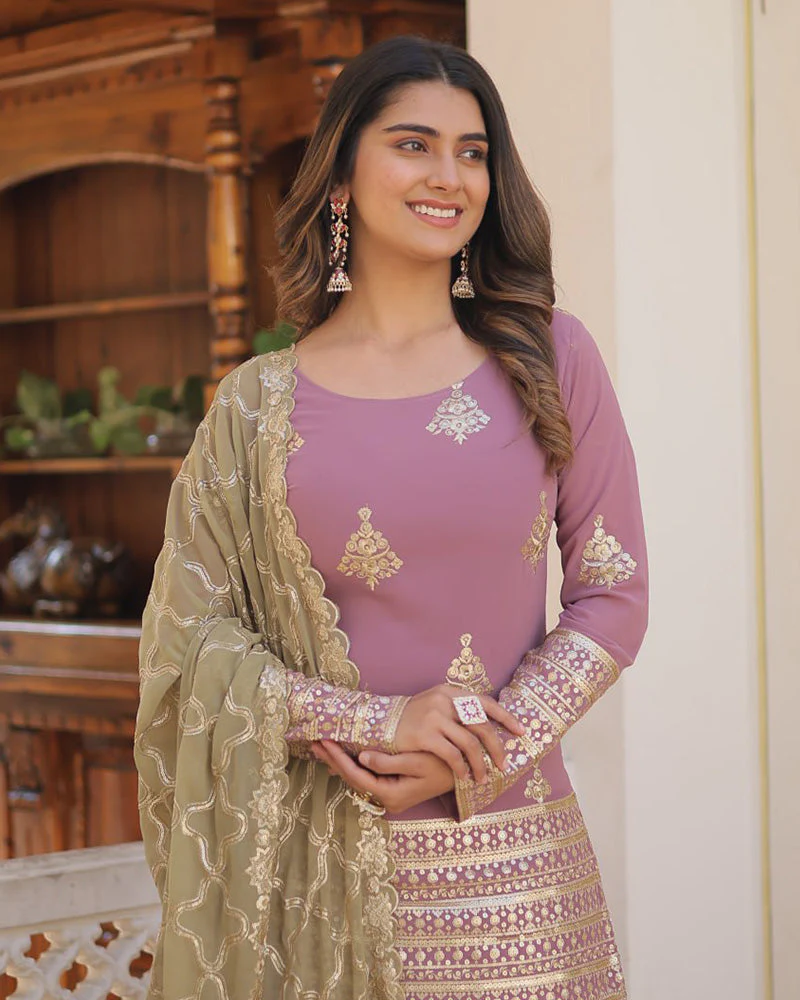 Beautiful Onion Color Georgette Three Piece Plazzo Suit - Image 4