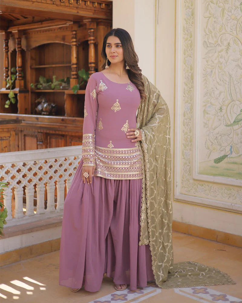 Beautiful Onion Color Georgette Three Piece Plazzo Suit - Image 5