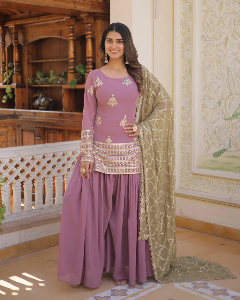 Beautiful Onion Color Georgette Three Piece Plazzo Suit - Image 6