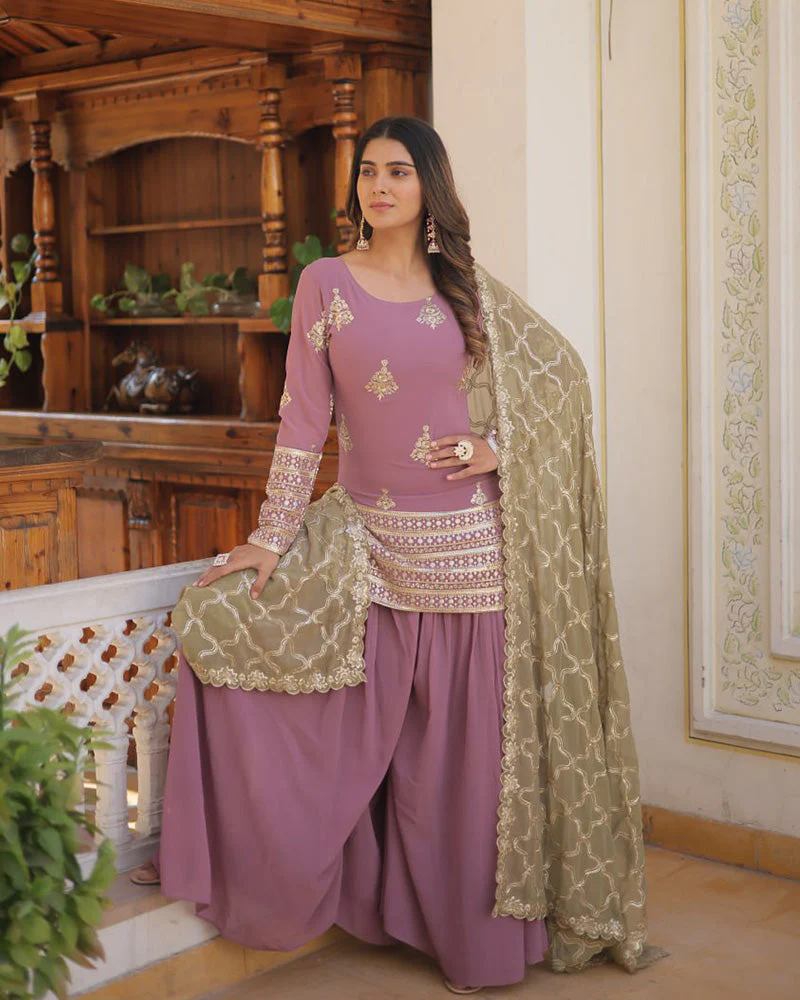 Beautiful Onion Color Georgette Three Piece Plazzo Suit - Image 7