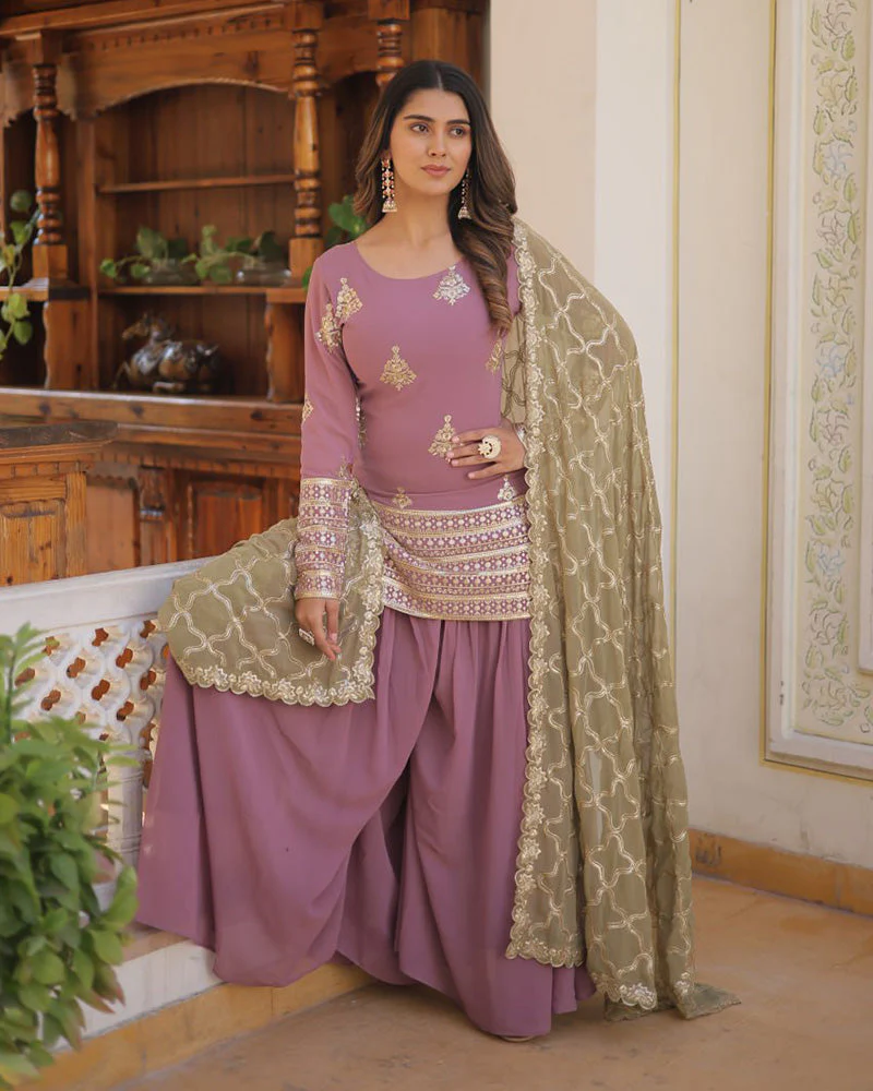Beautiful Onion Color Georgette Three Piece Plazzo Suit - Image 8