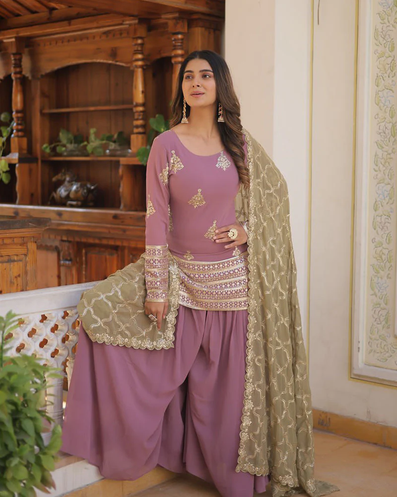Beautiful Onion Color Georgette Three Piece Plazzo Suit - Image 9