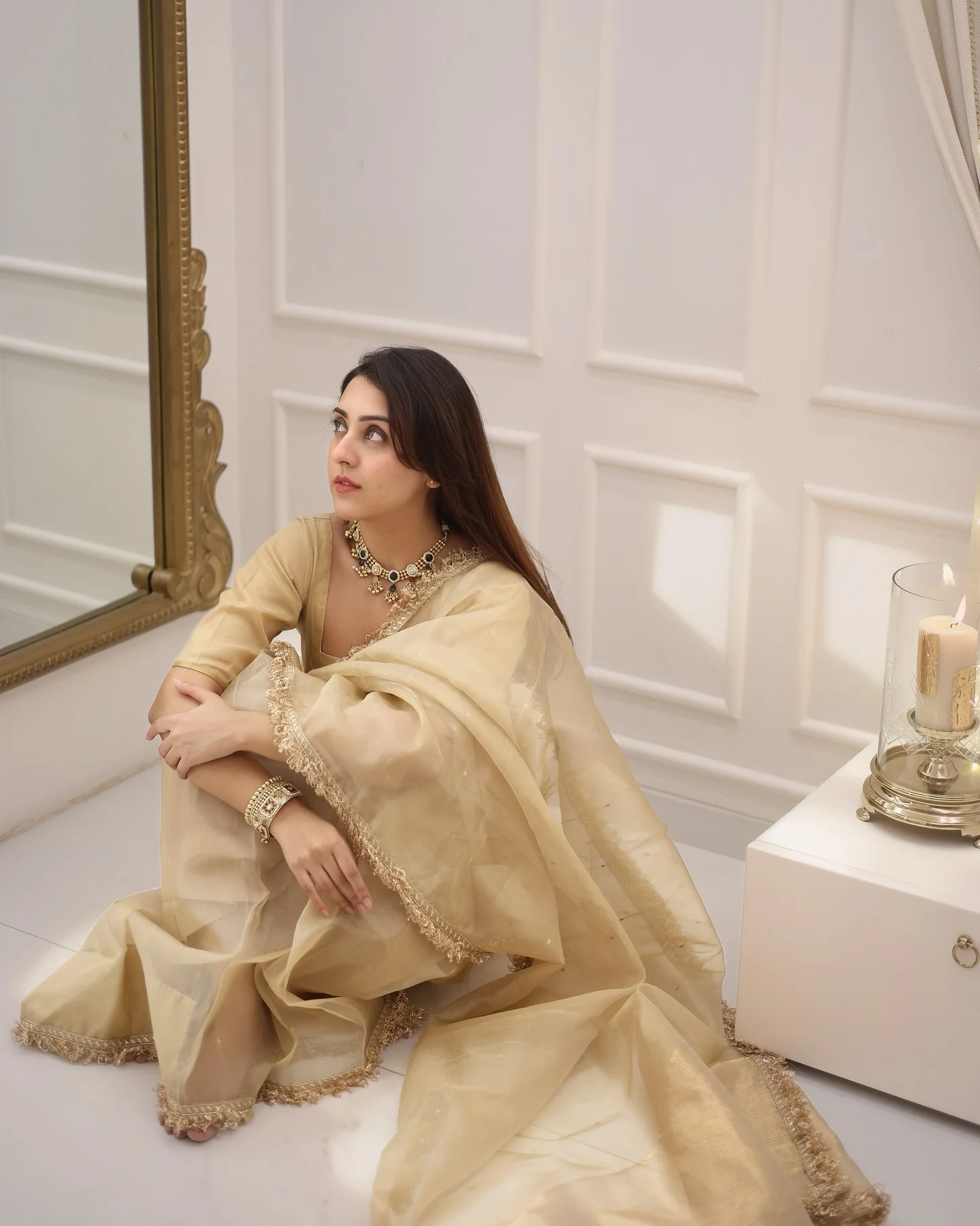 Beige Gold Fendy Silk With Far Border Saree - Image 10