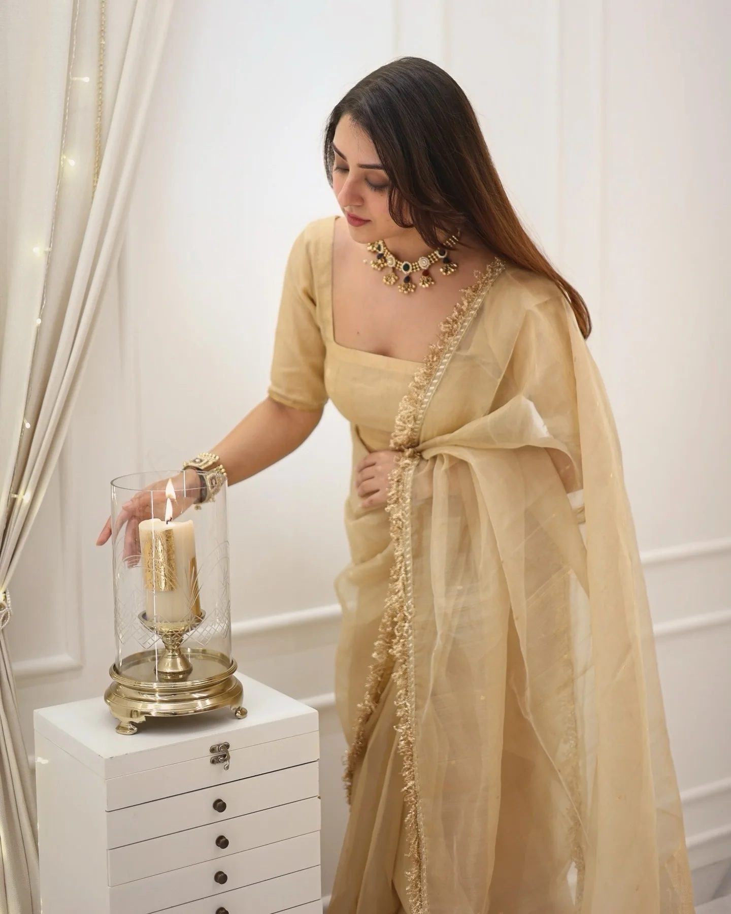 Beige Gold Fendy Silk With Far Border Saree - Image 3