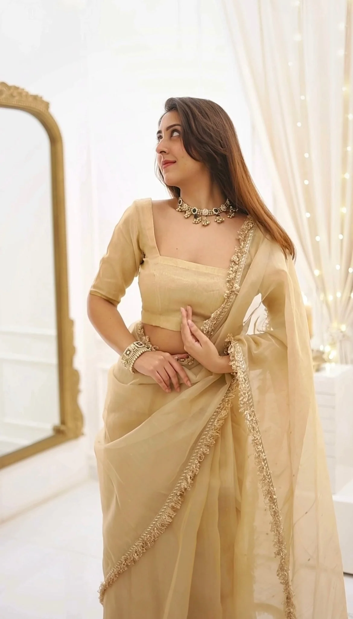 Beige Gold Fendy Silk With Far Border Saree - Image 4