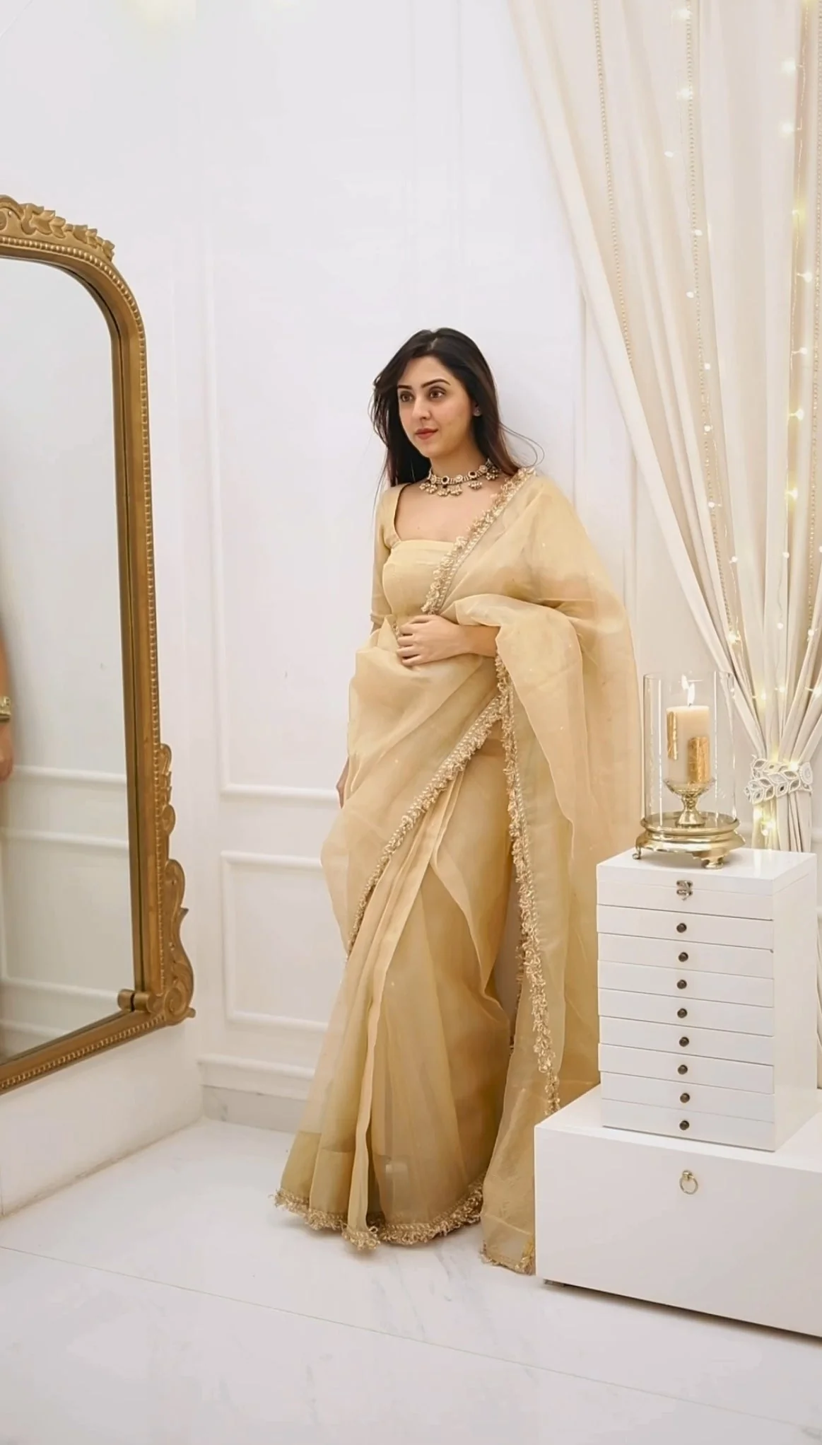Beige Gold Fendy Silk With Far Border Saree - Image 5