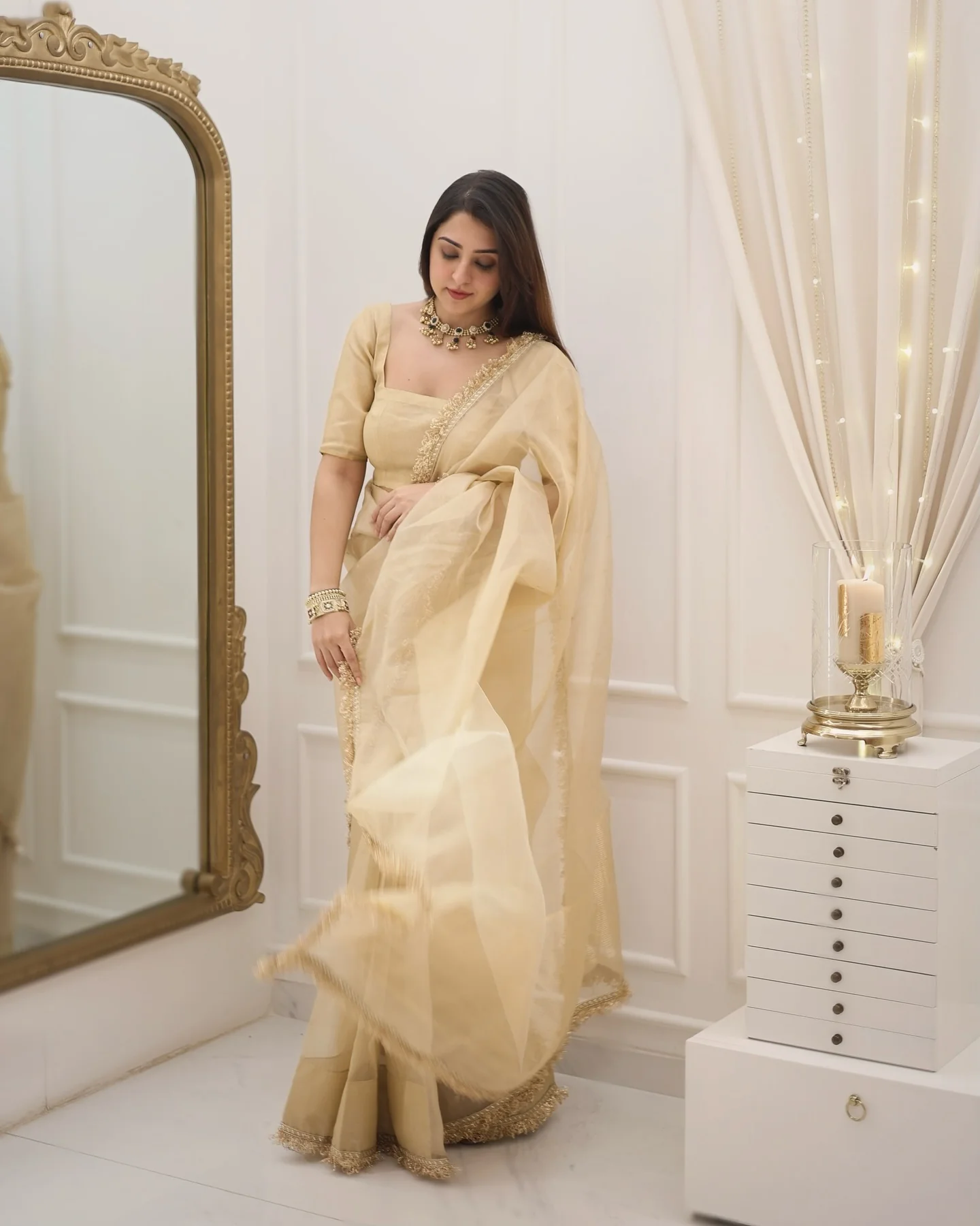 Beige Gold Fendy Silk With Far Border Saree - Image 6