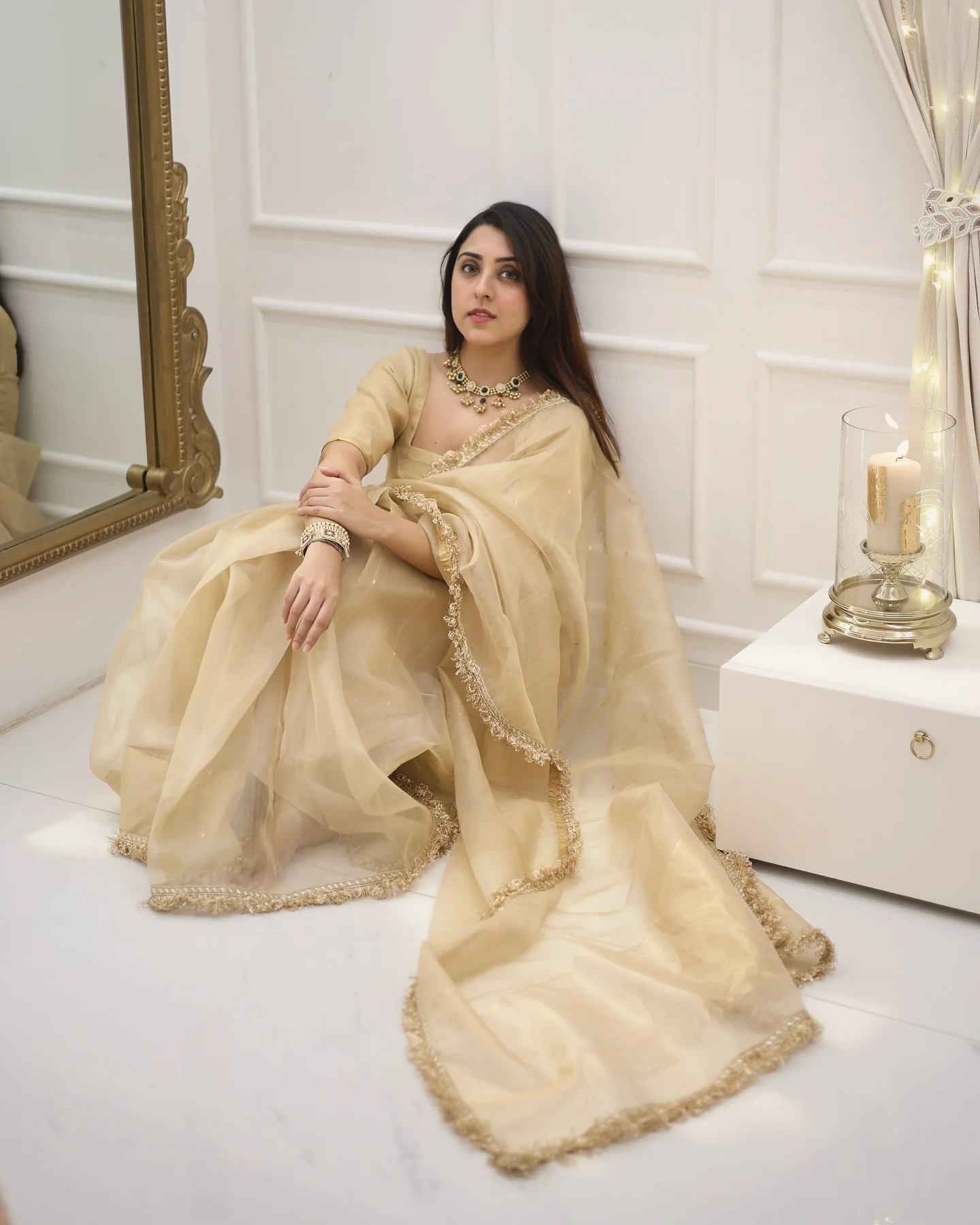 Beige Gold Fendy Silk With Far Border Saree - Image 7