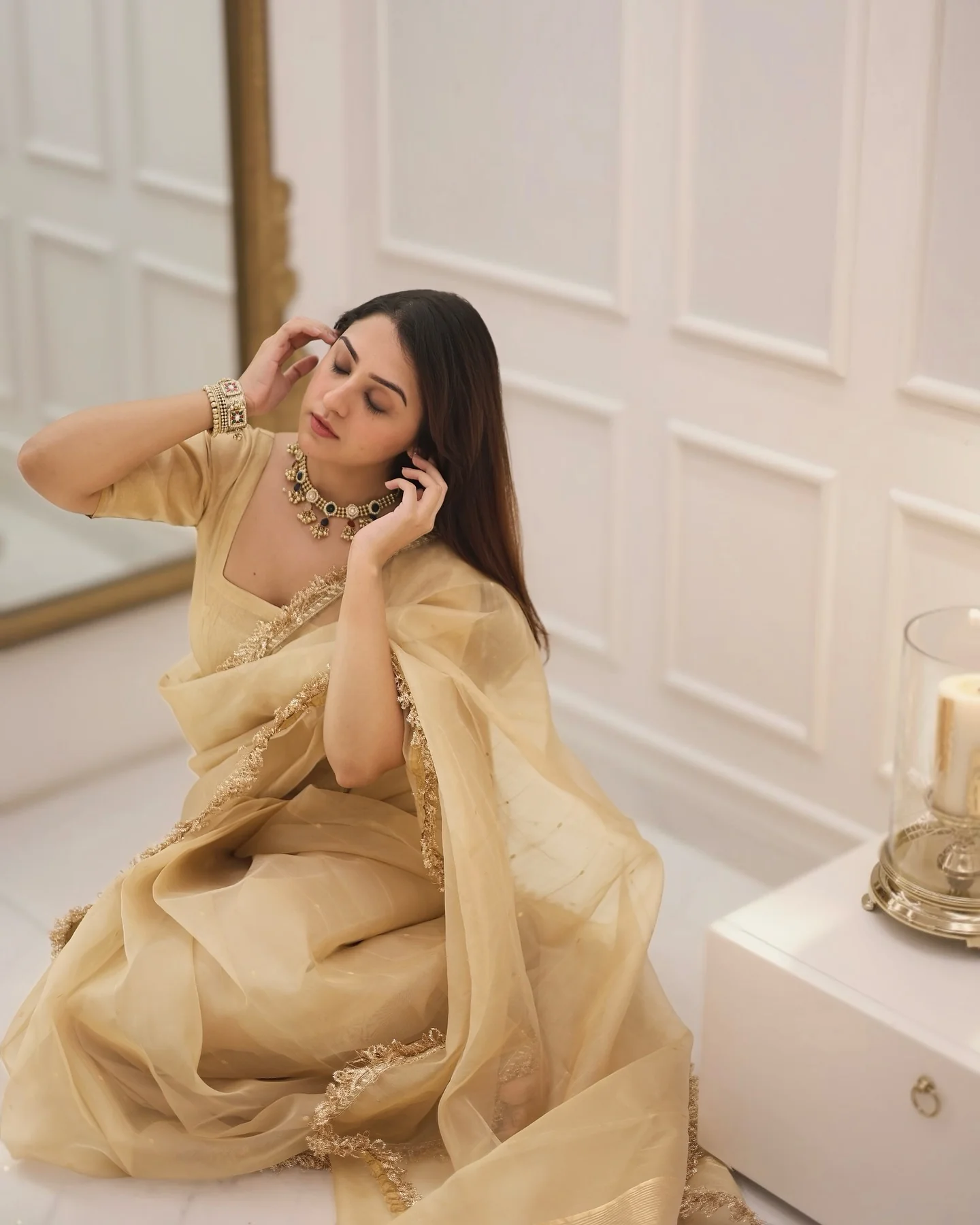 Beige Gold Fendy Silk With Far Border Saree - Image 8