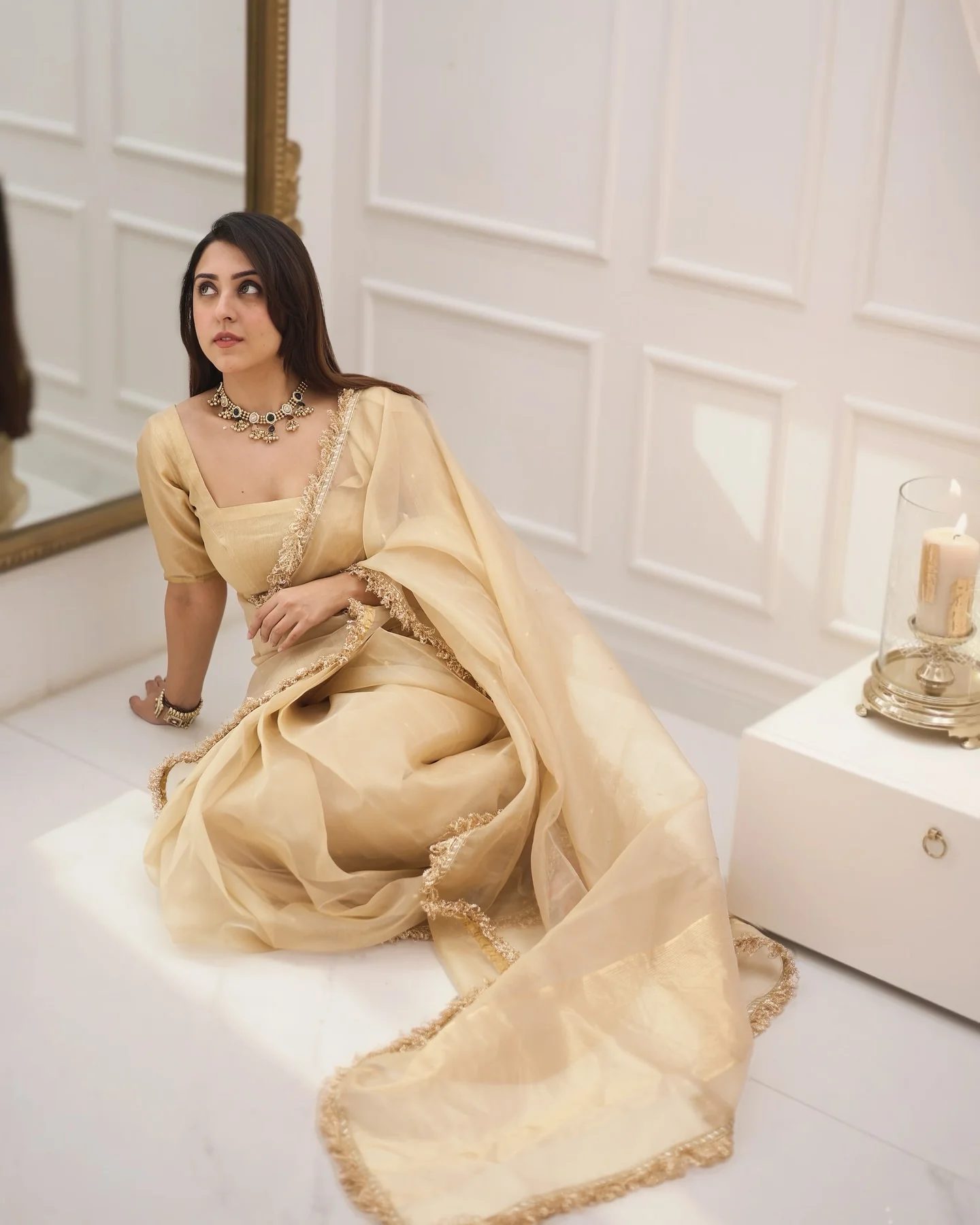Beige Gold Fendy Silk With Far Border Saree - Image 9