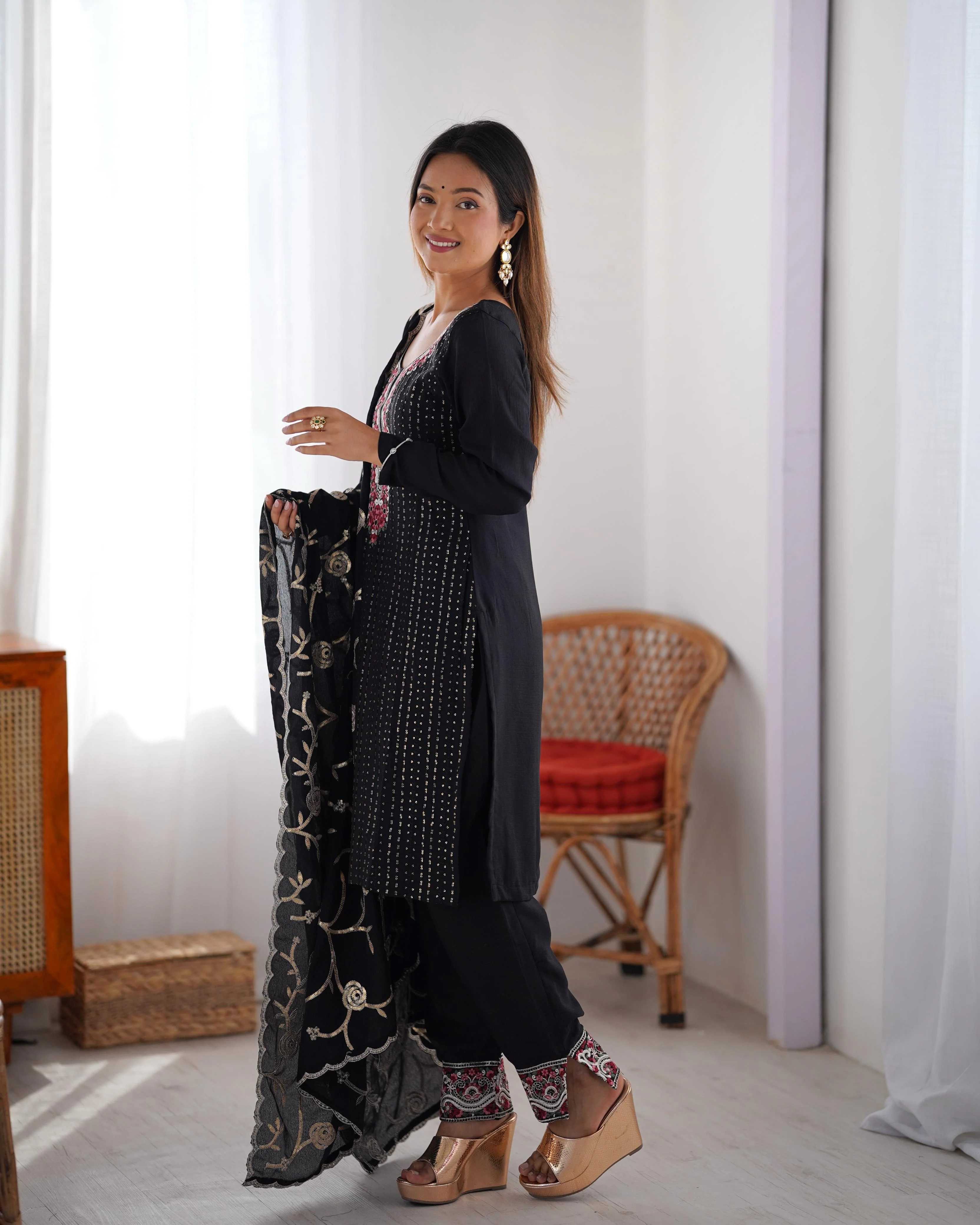 Black Color Chinon Silk Three Piece Kurti Suit - Image 4