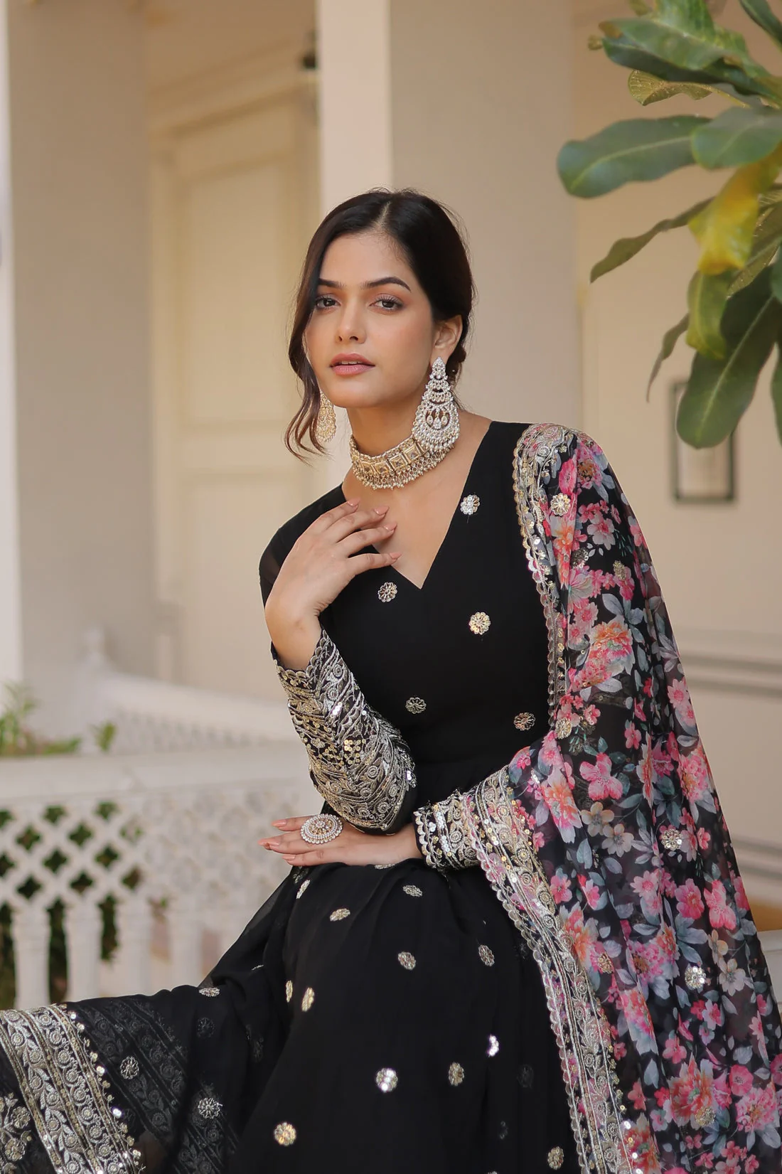 Black Color Embroidery Work Gown With Multi Print Dupatta - Image 5