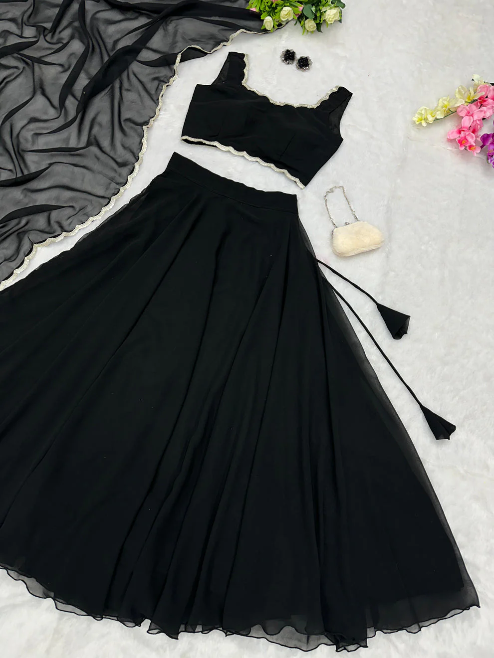 Black Color Plain Lehenga With Lace Work Blouse - Image 2