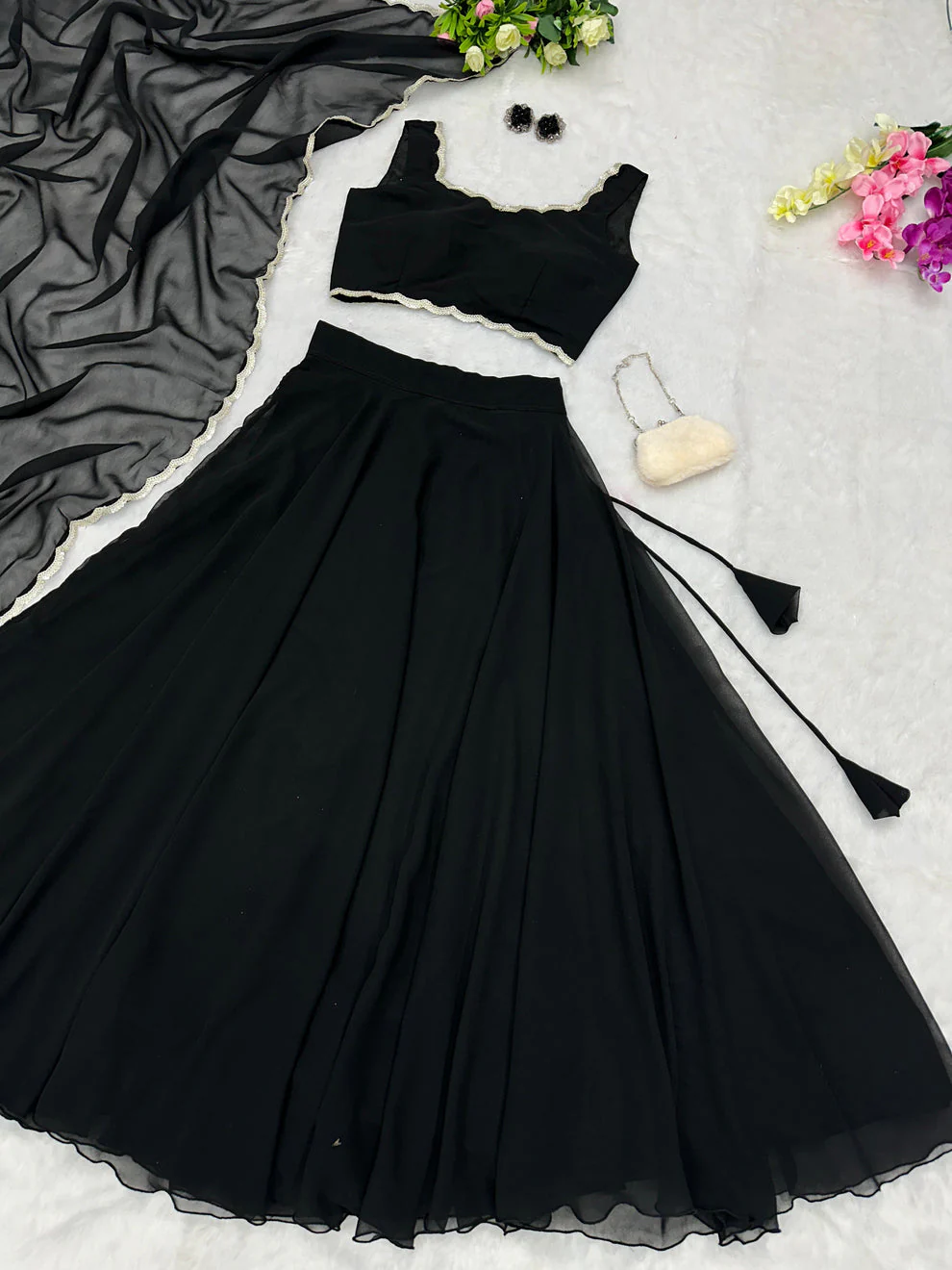 Black Color Plain Lehenga With Lace Work Blouse - Image 3