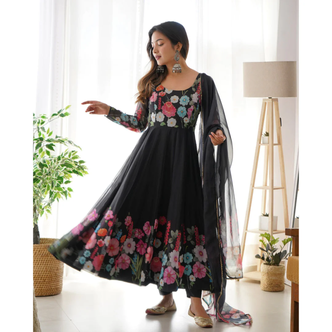 Black Color Pure Soft Organja Silk Fabric Fully Flair Kali Pattern And Canvas Patta With Dupatta Set Pent Ready To Wear - Image 3