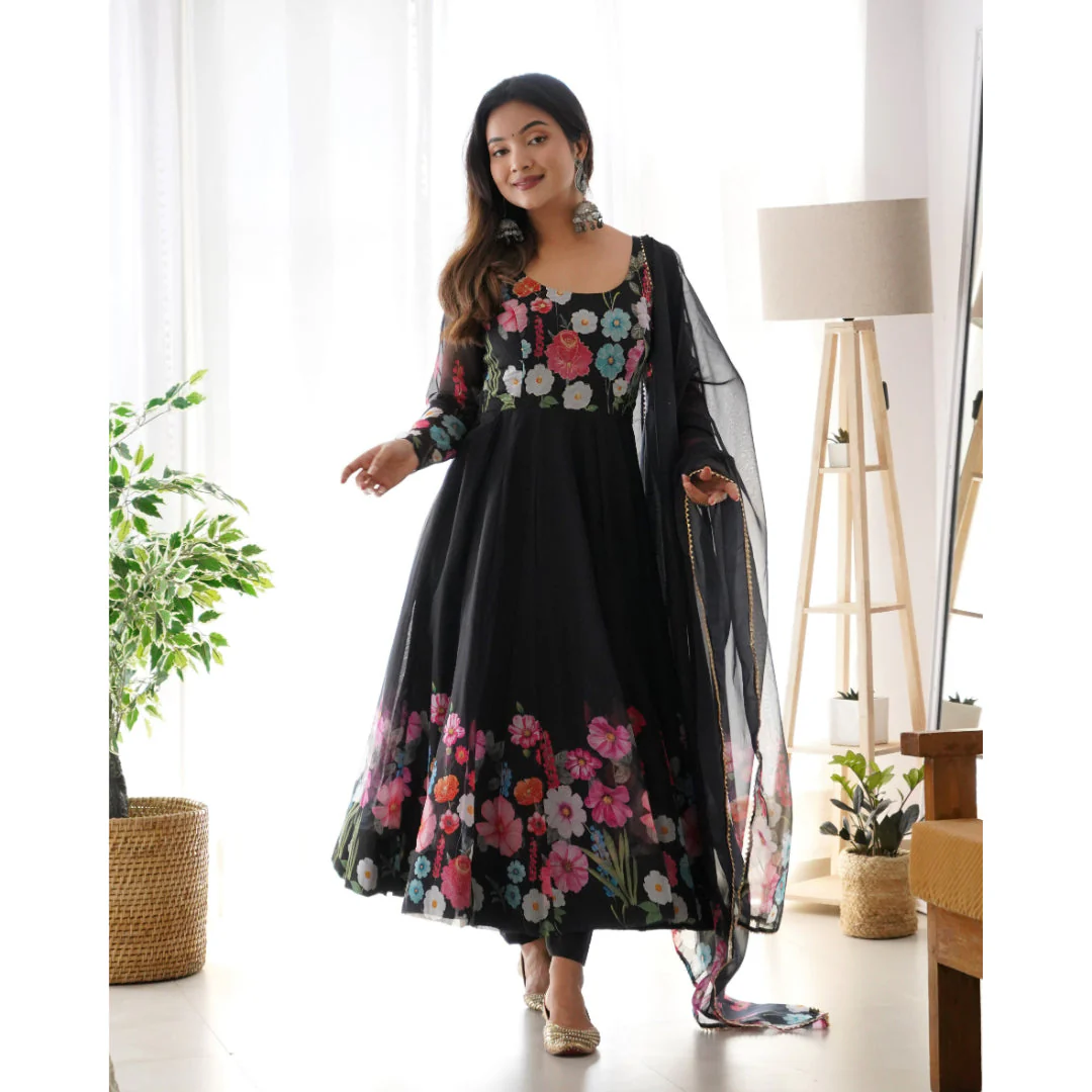 Black Color Pure Soft Organja Silk Fabric Fully Flair Kali Pattern And Canvas Patta With Dupatta Set Pent Ready To Wear - Image 4