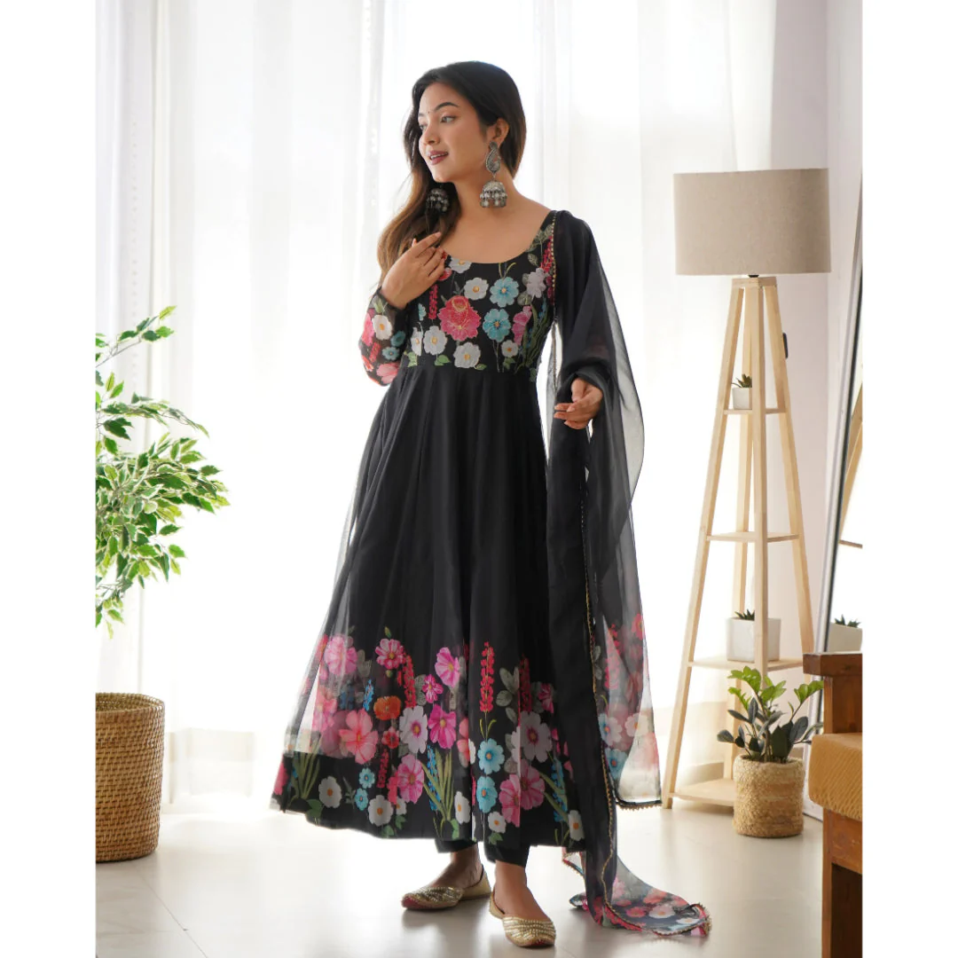 Black Color Pure Soft Organja Silk Fabric Fully Flair Kali Pattern And Canvas Patta With Dupatta Set Pent Ready To Wear - Image 5