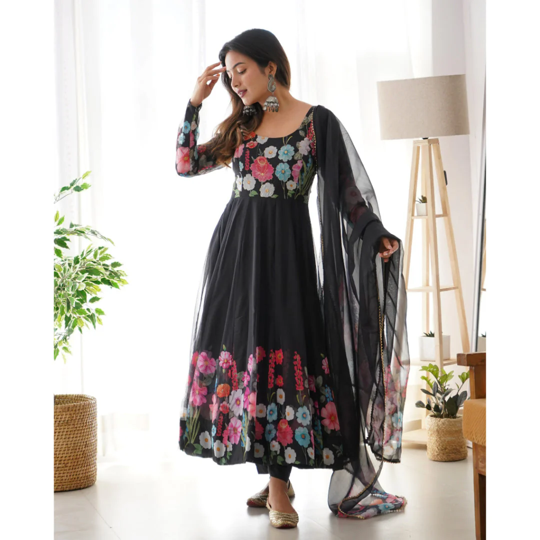 Black Color Pure Soft Organja Silk Fabric Fully Flair Kali Pattern And Canvas Patta With Dupatta Set Pent Ready To Wear - Image 6