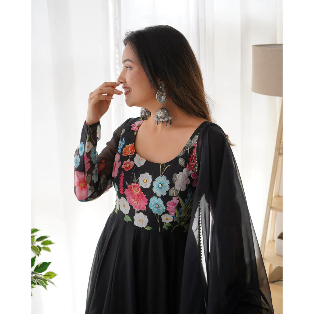 Black Color Pure Soft Organja Silk Fabric Fully Flair Kali Pattern And Canvas Patta With Dupatta Set Pent Ready To Wear - Image 7