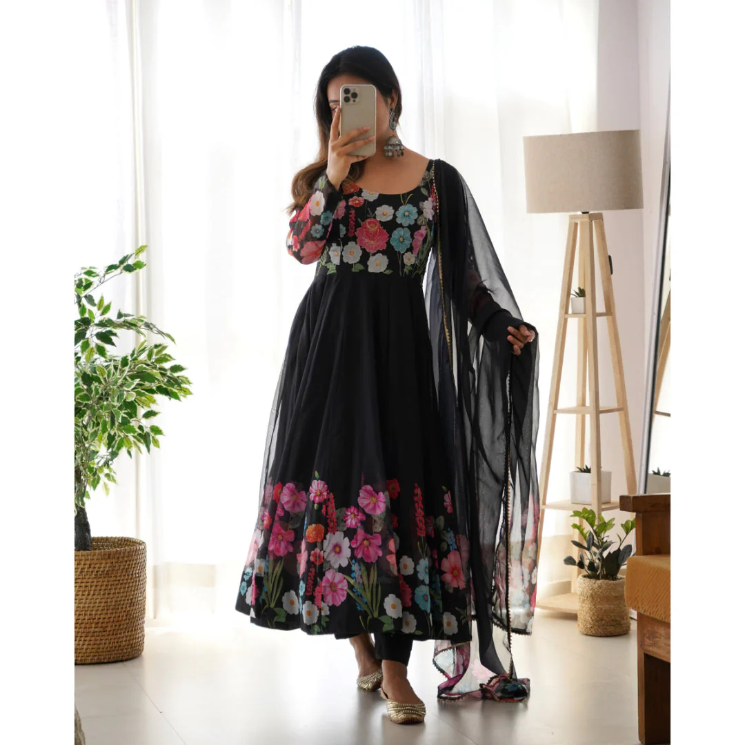 Black Color Pure Soft Organja Silk Fabric Fully Flair Kali Pattern And Canvas Patta With Dupatta Set Pent Ready To Wear - Image 8
