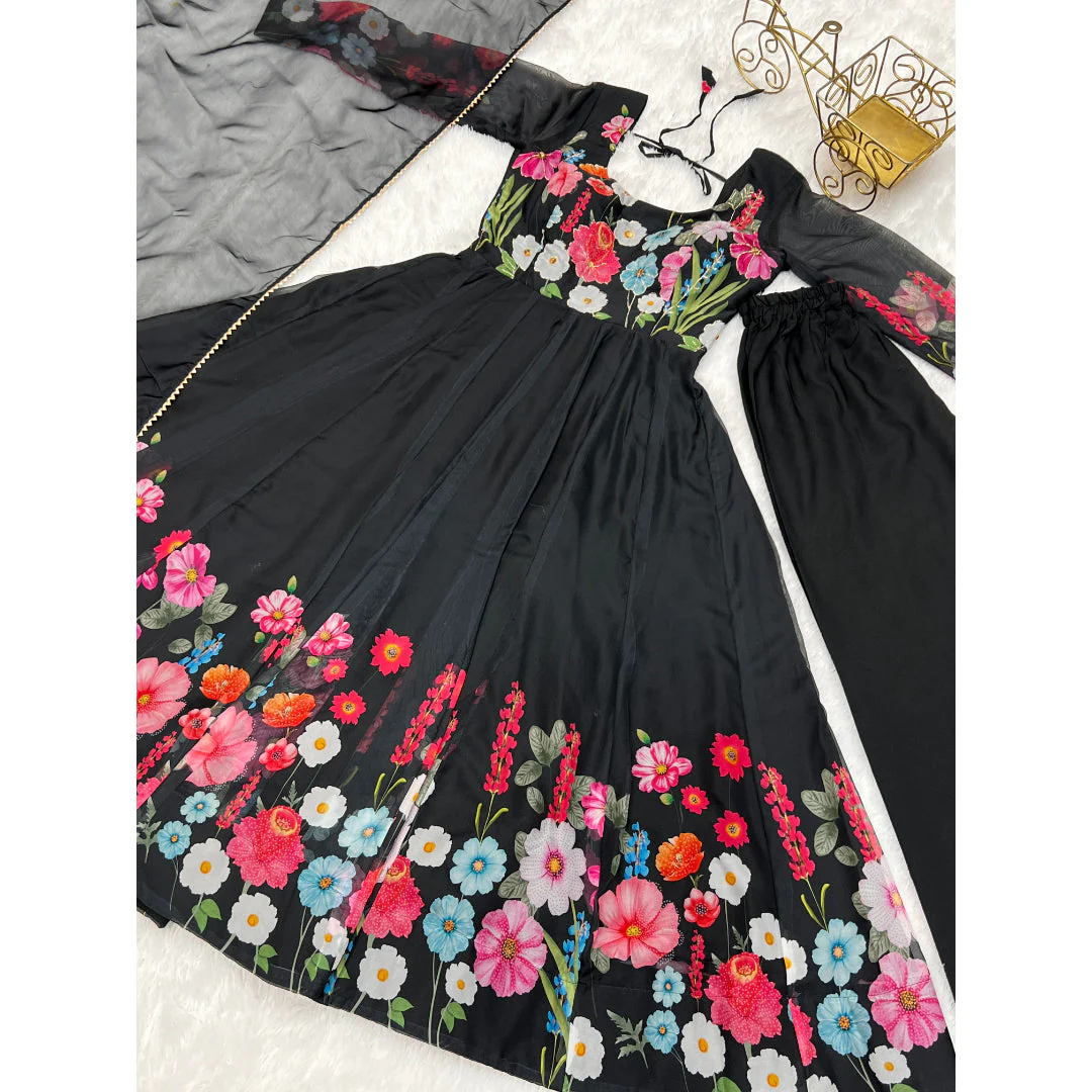 Black Color Pure Soft Organja Silk Fabric Fully Flair Kali Pattern And Canvas Patta With Dupatta Set Pent Ready To Wear - Image 9