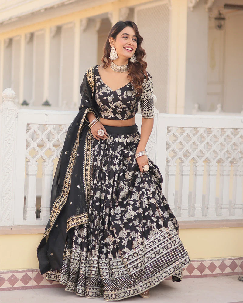Black Color Pure Viscose Jacquard Lehenga Choli - Image 4
