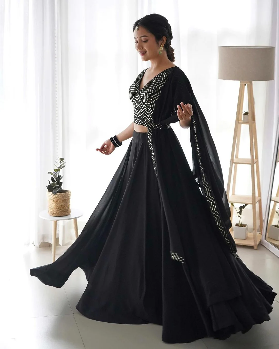 Black Full Flairy Pure Soft Georgette Full Stitched Lehenga Choli - Image 3