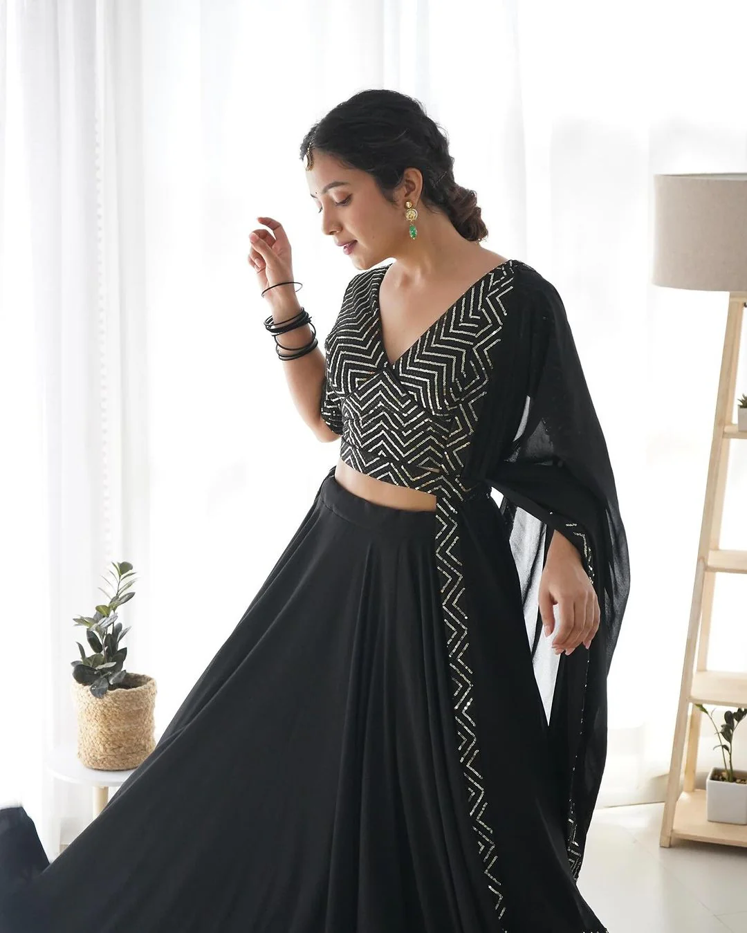 Black Full Flairy Pure Soft Georgette Full Stitched Lehenga Choli - Image 5