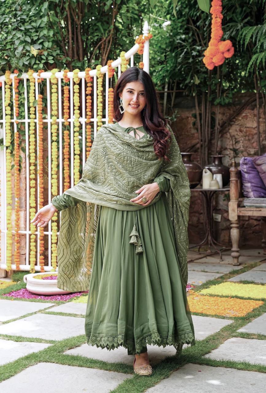 Ceremony Wear Mehndi Color Gown With Work Dupatta - Image 2