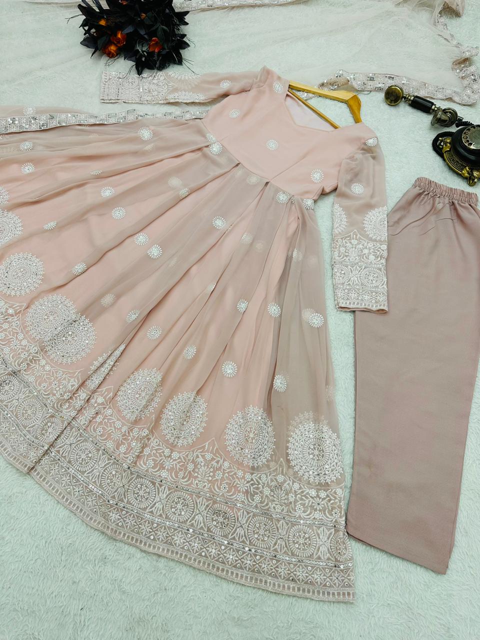 Classic Peach Color Embroidery Work Anarkali Gown - Image 5