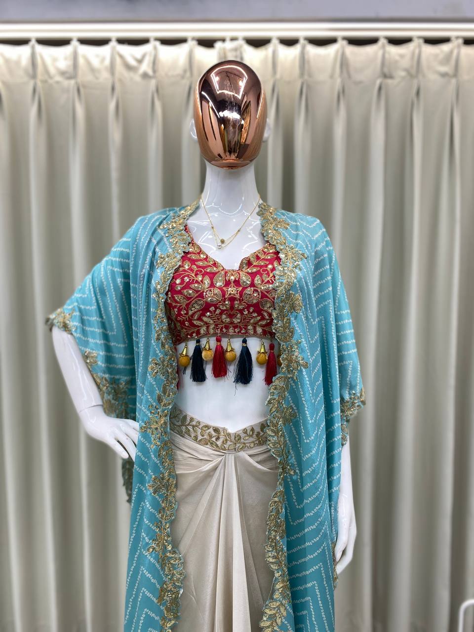 Cream Cowl Skirt Pink Blouse and Shrug With Embroidery Western Look Outfit - Image 4