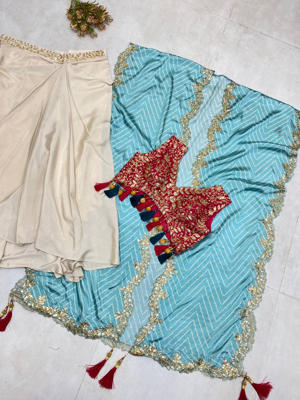 Cream Cowl Skirt Pink Blouse and Shrug With Embroidery Western Look Outfit - Image 9