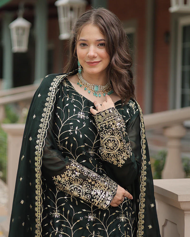 Dark Green Color Rangoli Silk Embroidered Plazzo Suit - Image 3