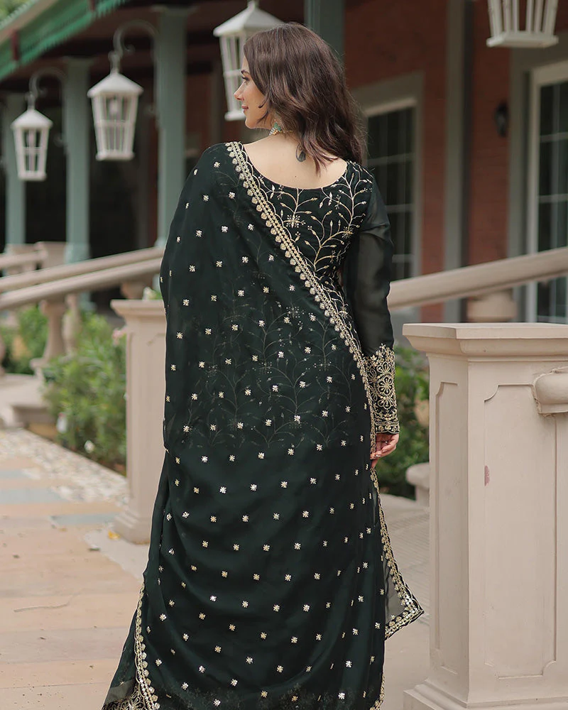 Dark Green Color Rangoli Silk Embroidered Plazzo Suit - Image 4