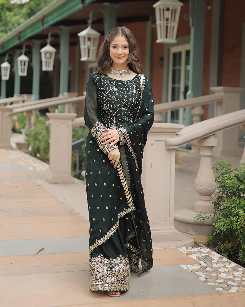 Dark Green Color Rangoli Silk Embroidered Plazzo Suit - Image 5