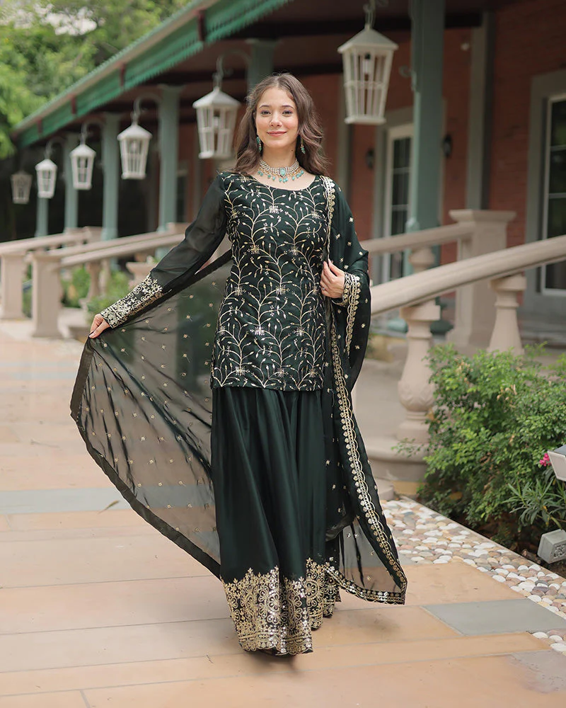 Dark Green Color Rangoli Silk Embroidered Plazzo Suit - Image 6