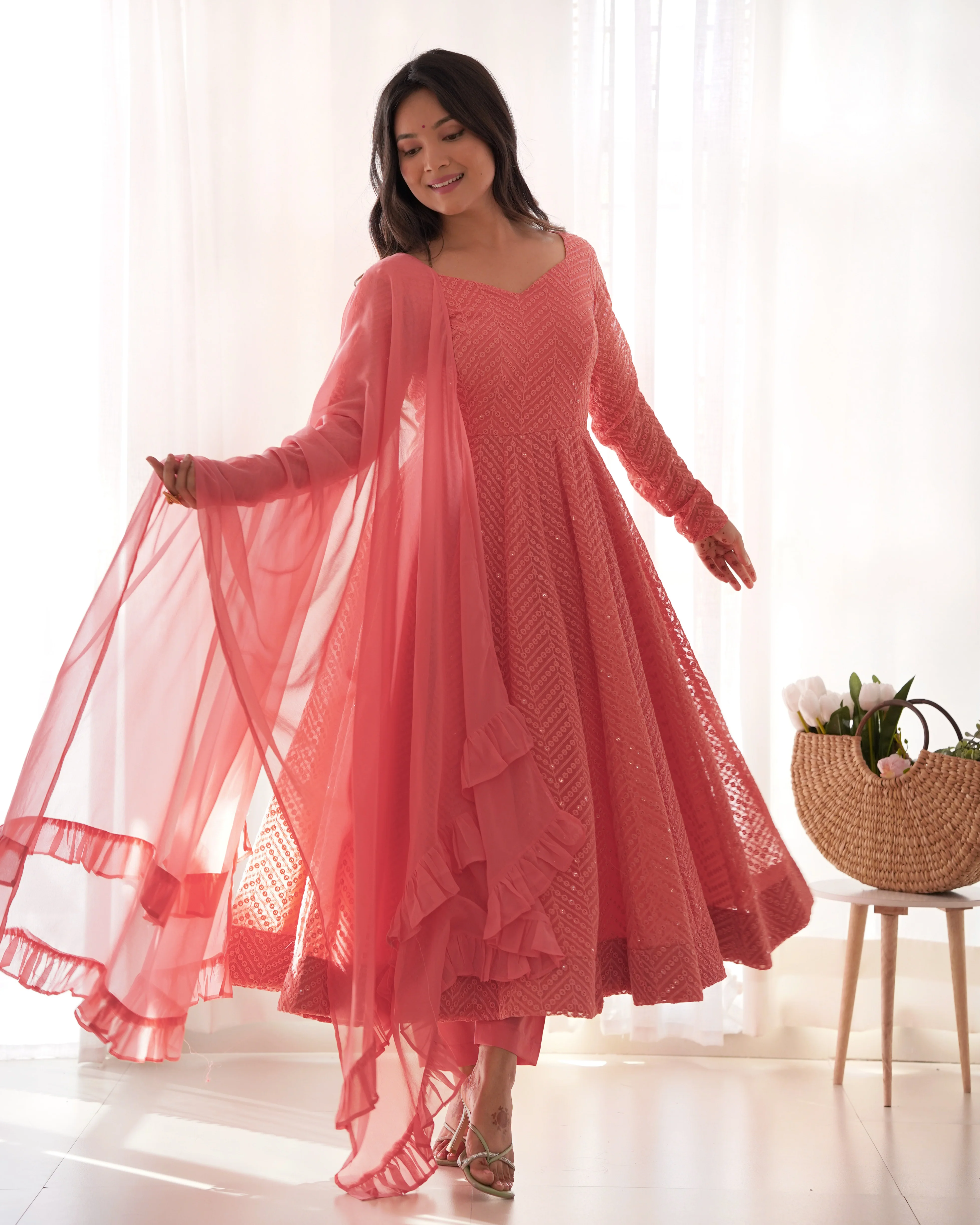 Dark Peach Color Georgette Lucknowi Three Piece Anarkali Suit