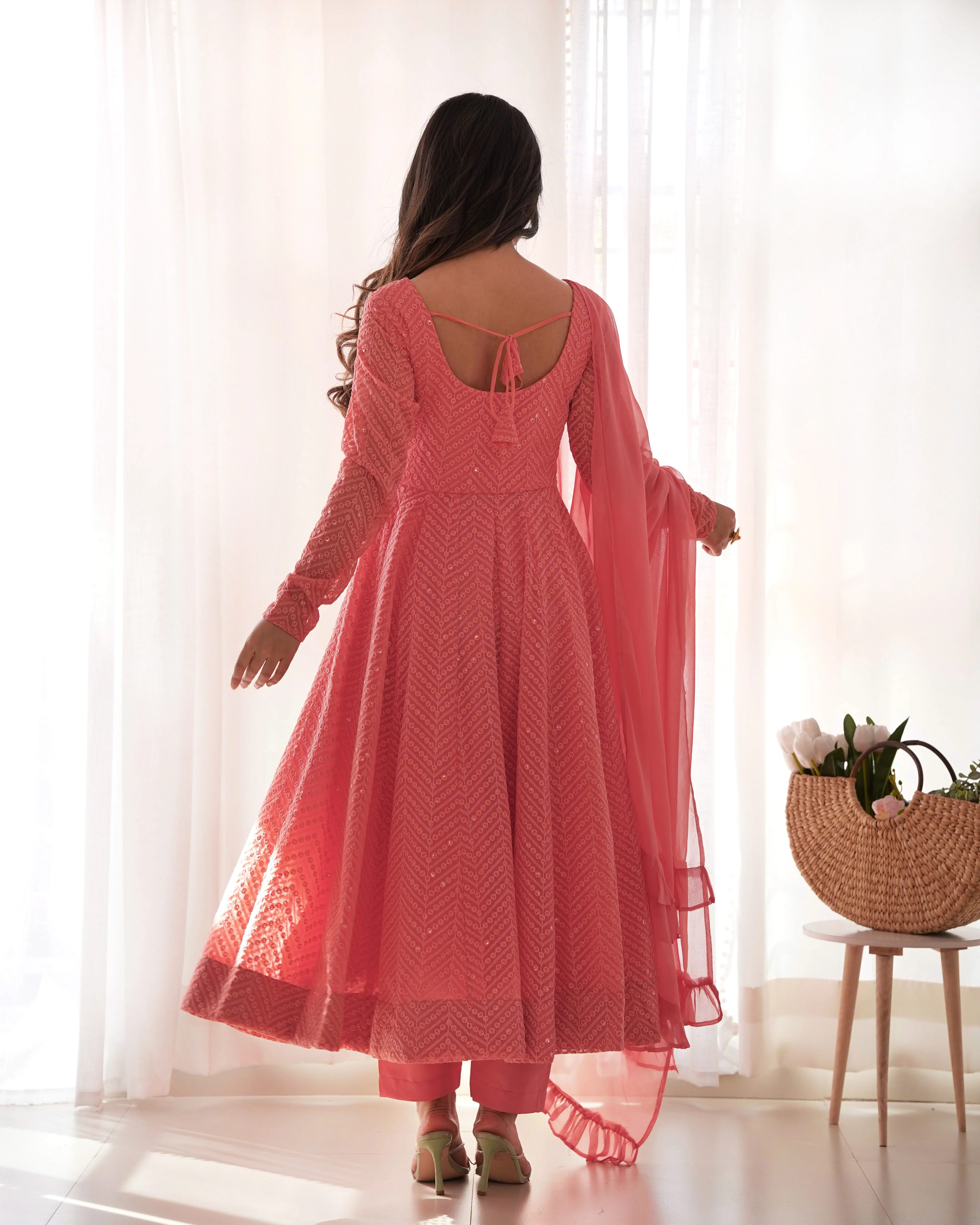 Dark Peach Color Georgette Lucknowi Three Piece Anarkali Suit - Image 4