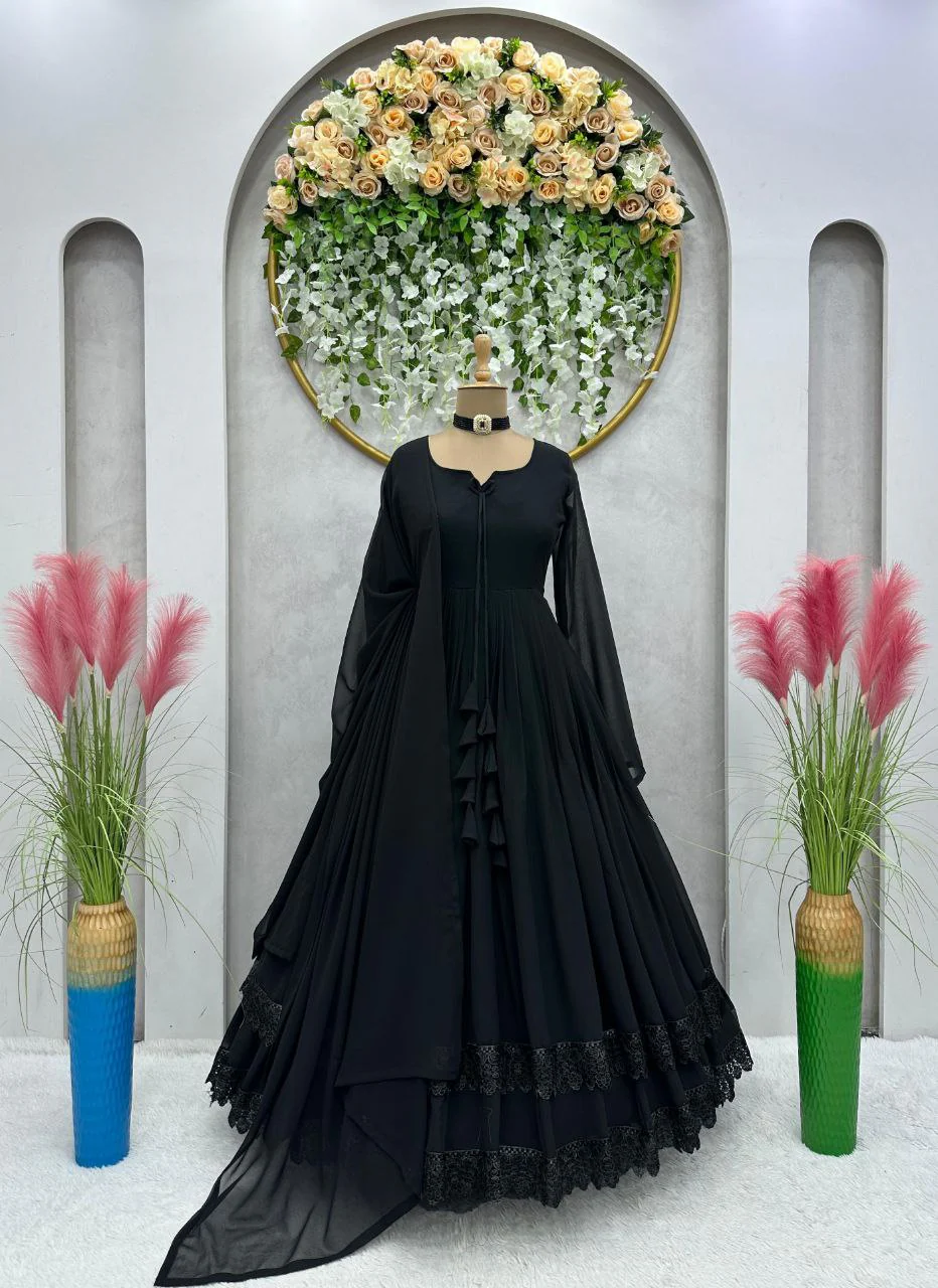 Demanding Black Color Lace Work Long Anarkali Gown - Image 8