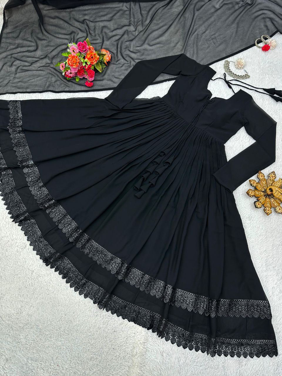 Demanding Black Color Lace Work Long Anarkali Gown - Image 9