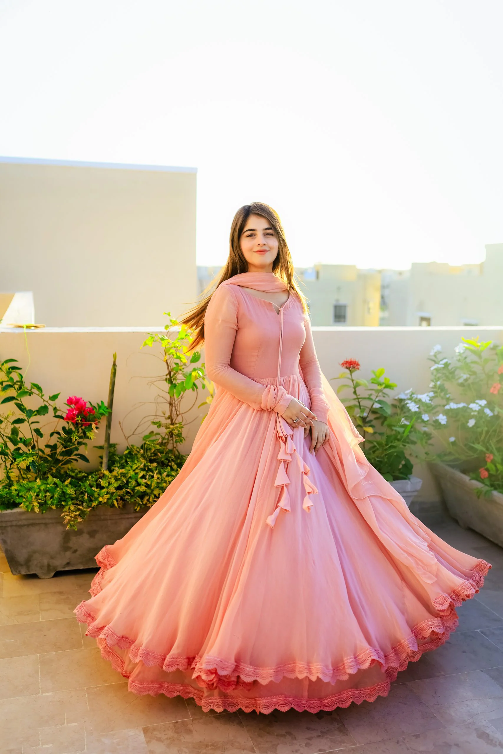 Solid Peach Long Flair Double Layered Anarkali With Dupatta - Image 3