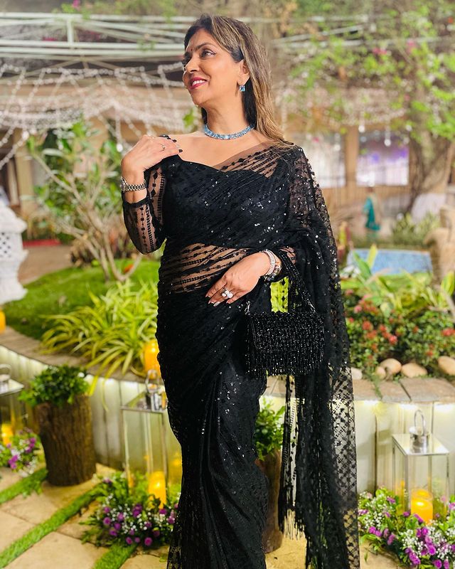 Designer Black Sequins Saree With Unstitched Blouse - Image 4