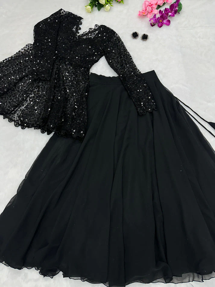 Designer Blazer Style Heavy Work Black Color Top With Lehenga - Image 8