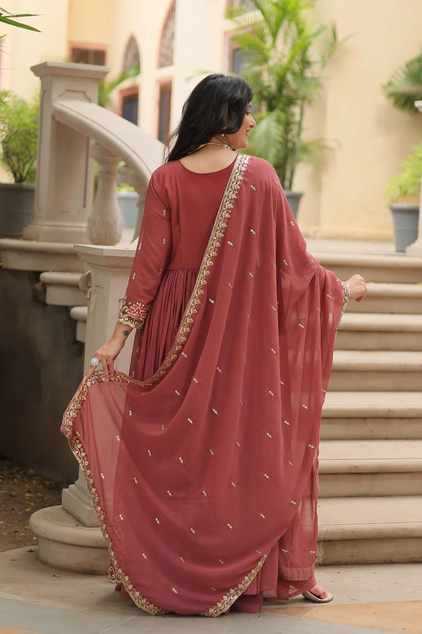 Designer Peach Color Three Piece Sharara Suit - Image 8