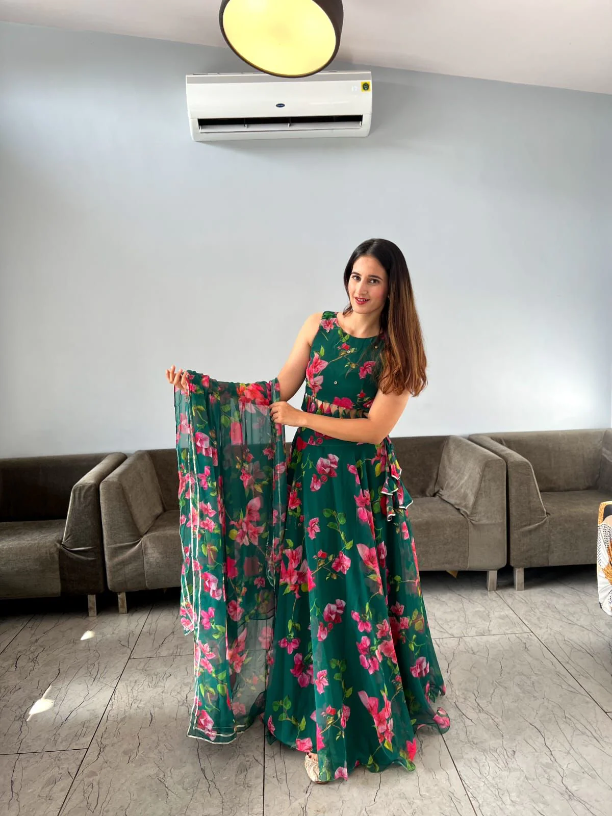 Digital Flower Print Green Color Lehenga Choli - Image 3