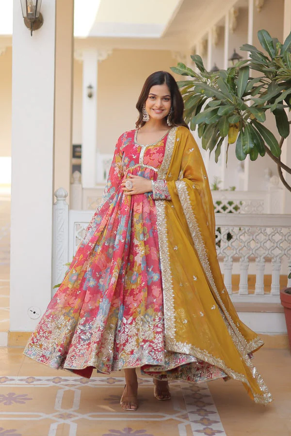 Digital Printed Russian Silk Pink Color Gown With Yellow Dupatta - Image 3